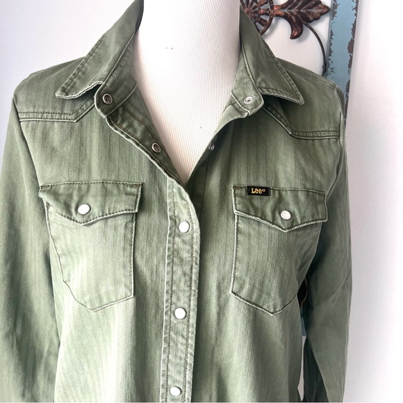 Lee Vintage Modern Olive Green Snap Front Denim Shirt Dress, NWT - Picture 3 of 14